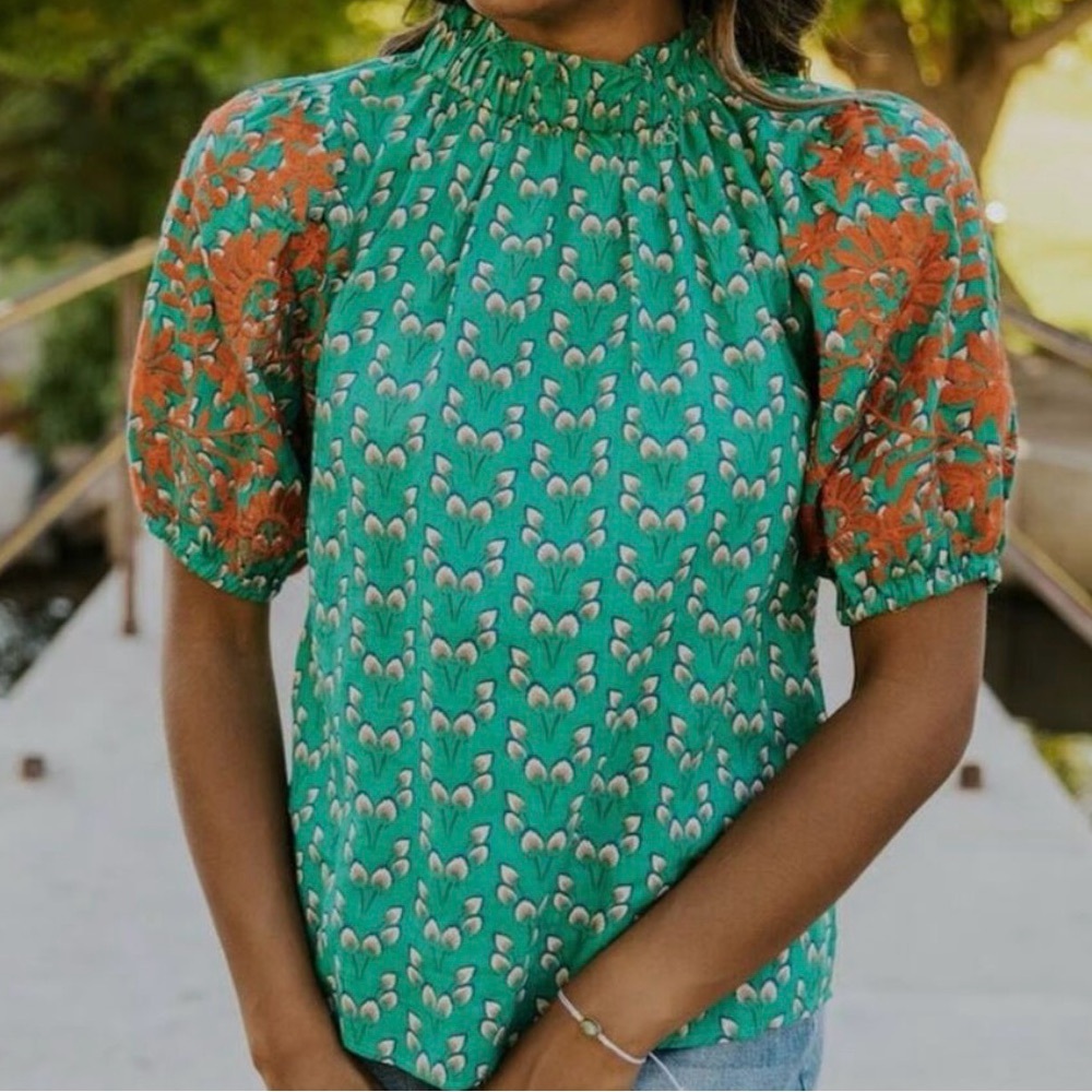 THML Teal Green Printed Smocked Neck Top with Orange Floral Sleeves